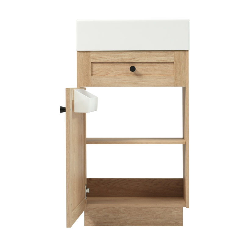 Meuble-lavabo de 18,5 po de style rustique avec lavabo en résine réversible, structure d'armoire, tablette de rangement réglable pour un rangement efficace, poignées en métal, finition grain de bois, mécanisme de porte à fermeture en douceur rustique