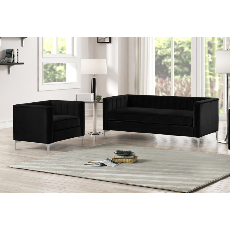 Ensemble de salon en velours Louis, 1 canapé, 1 fauteuil, Noir