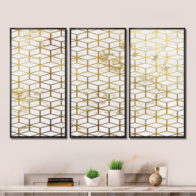 Yello and Golden Geometric Cubes - Ensemble de 3 reproductions encadrées sur toile, H 28 po x l 36 po x P 1 po, Cadre noir