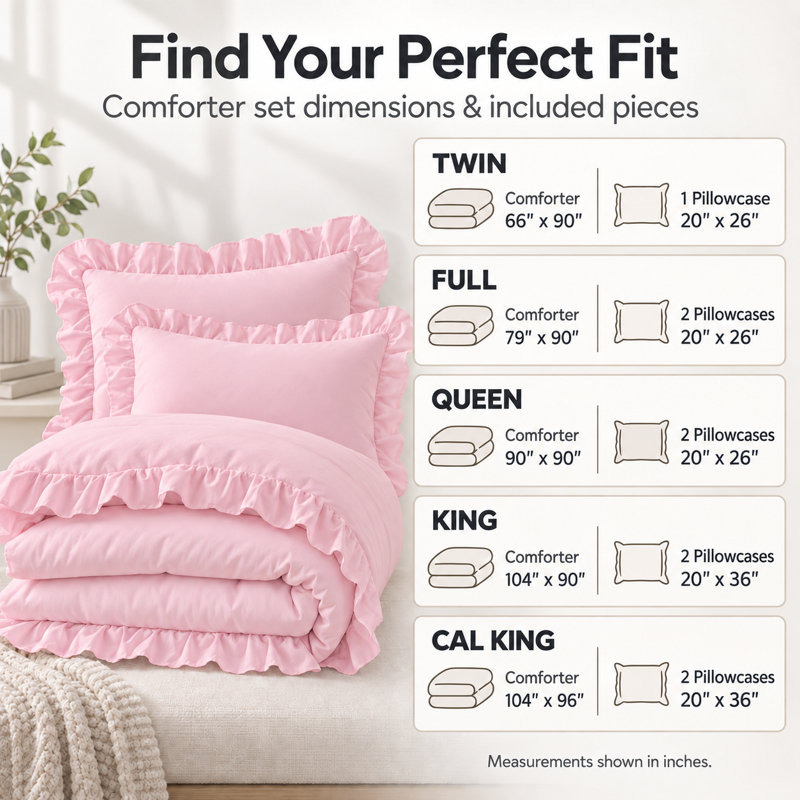 Andency Pink Comforter Set Queen Size, 3 Pieces Solid Pink Ruffle Comforter Set for Queen Bed, All Season Vintage Rustic Soft Microfiber Bedding Set for Women Girls