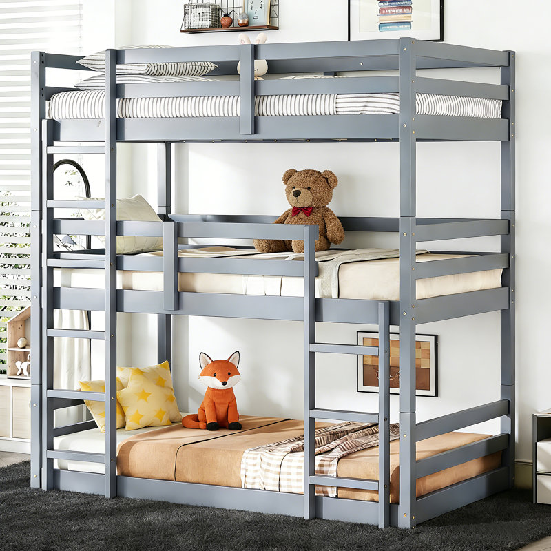 Twin Over Twin Over Twin Triple Bunk Bed, Rubber Wood Frame With 2 Built-in Ladders & Guardrails, Detachable Design, Gray