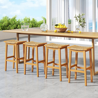 Gymax Outdoor Acacia Wood Bar Stools Set of 4 w/ PE Rattan Seats & Backrests