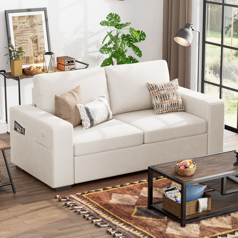Mangino Modern Upholstered Square Arm Loveseat With Storage Pockets & Built-In USB Port - Chenille Gray, Beige