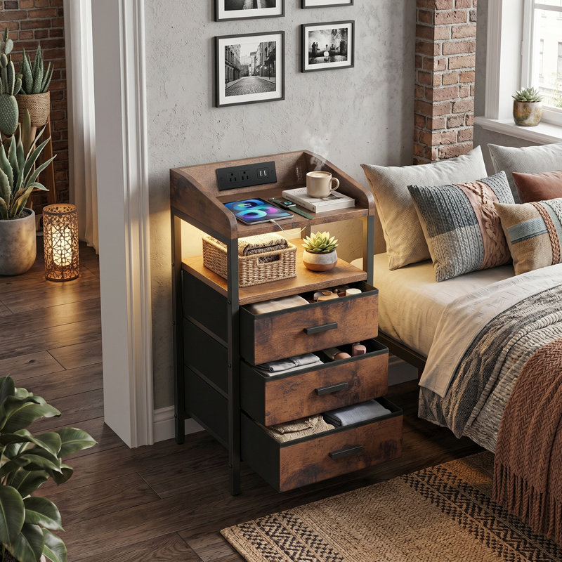 Nightstands With Charging Station, Mid Century Modern End Side Table, Bedside Table, Rustic Brown