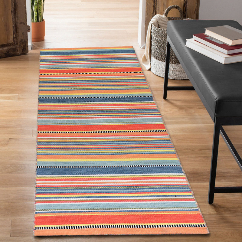 Tapis orange / bleu / jaune tissé à plat à la main Newsome, Tapis de couloir 2 pi x 8 pi