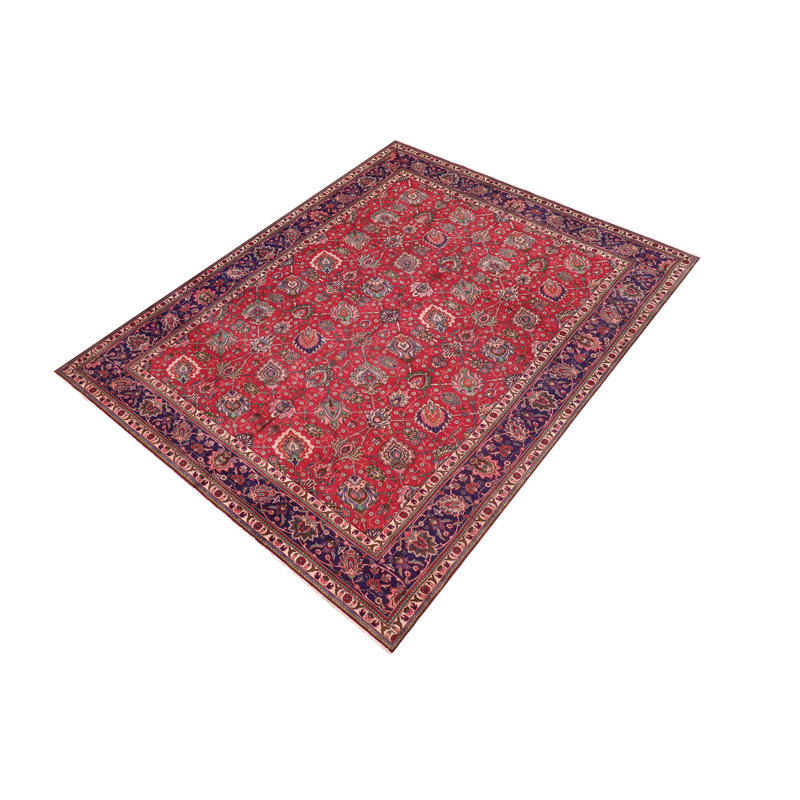 Tapis rouge rétro en laine noué à la main Tabriz Knight - 9 pi 8 po x 15 pi 0 po