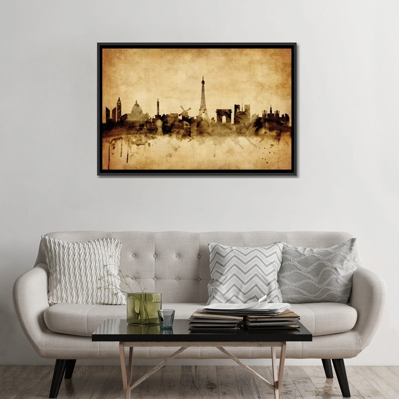 Foxed (rétro) série d’horizons : paris, france, impression sur toile tendue, Toile avec cadre noir, Pas de tapis
