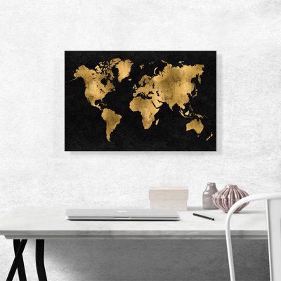 «Black Yellow World Map Globe», impression sur toile tendue