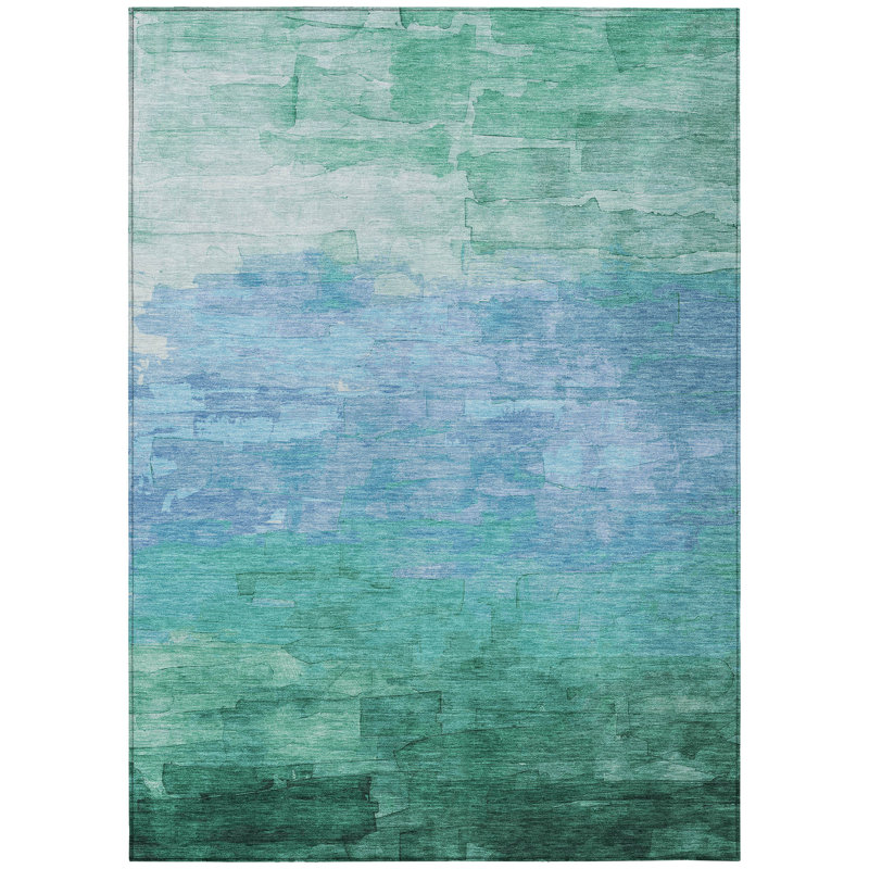 Teal and Green Synthetic Flat Woven Washable Rug 5' x 7'