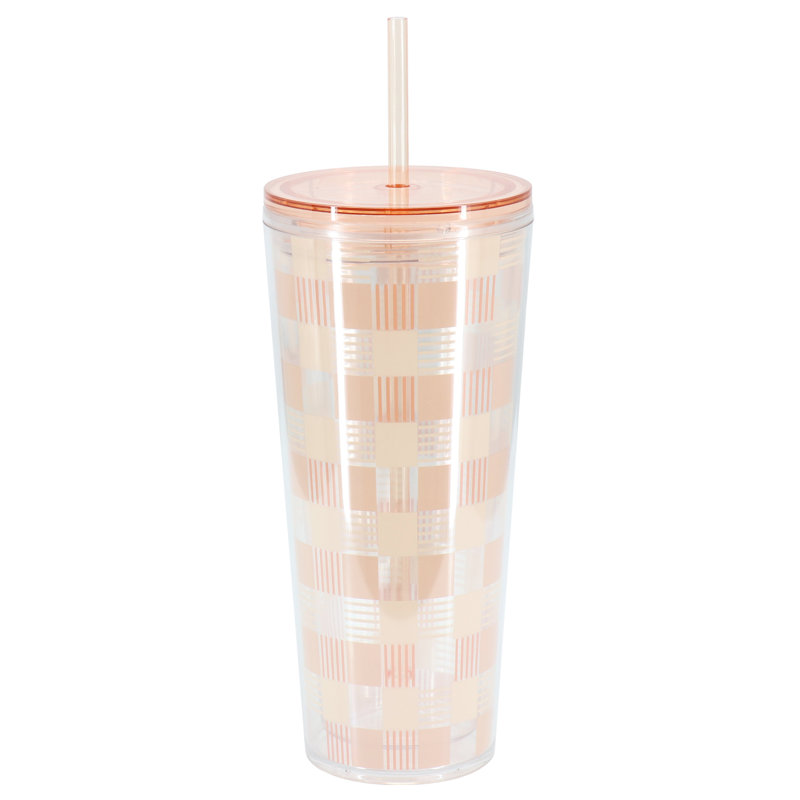 Pink Checkered 23 Ounce Plastic Travel Tumbler with Straw and Lid