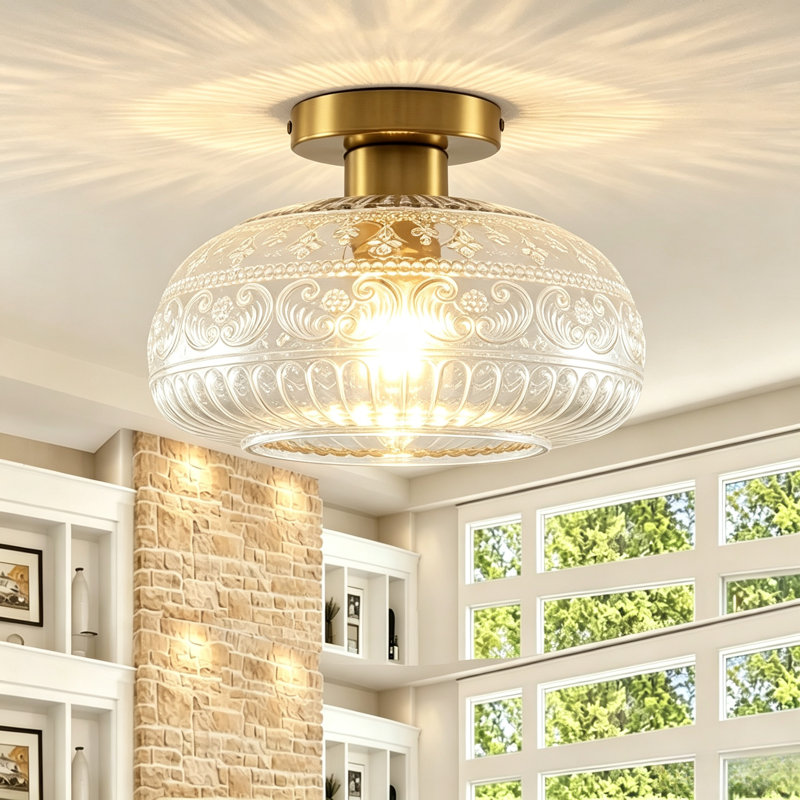Moncia 1-Light  Glass Semi-Flush Mount Ceiling Light for Hallway Entryway, Polished Brass