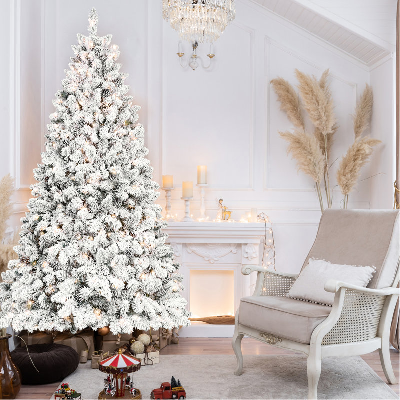 Arbre de Noël floqué de 5 pi, 300 lumières Ul, 27 pin véritable, 600 pointes enneigées, structure à charnières, installation et bourrage faciles, arbre enneigé à support métallique solide avec branches