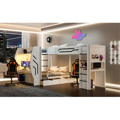 L-Shaped 3 in 1 Full & Twin Size Gaming Bunk Bed with Built-in Desks,Charging Station, Ladders, and Storage Drawers,Pegboard,LED Light,White(ETA:6/25)