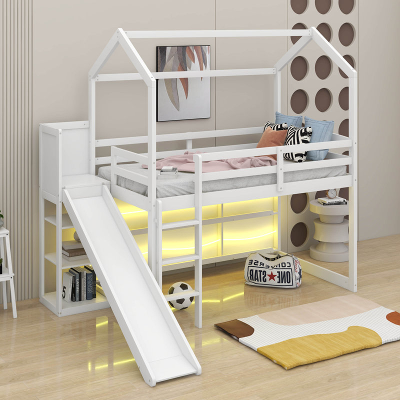 Lit mezzanine simple en bois avec tablettes et lumière, Blanc