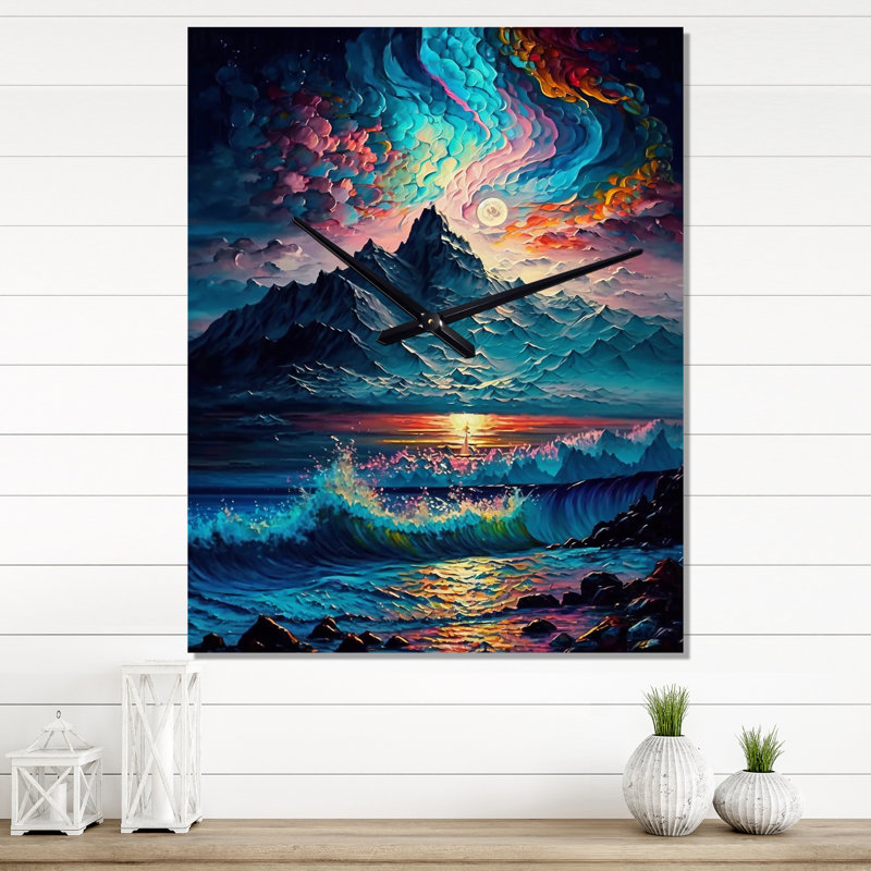 Mystical Aurora Borealis Arctic Mountains III - Beach Wall Clocks, Medium