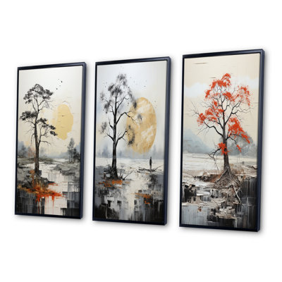 «Gray Yellow Minimalisme Tree Solitude», 3 pièces sur toile