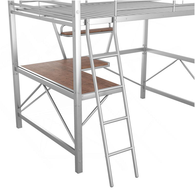 Lit mezzanine double en métal et panneau de fibres à densité moyenne avec bureau et tablette, argent