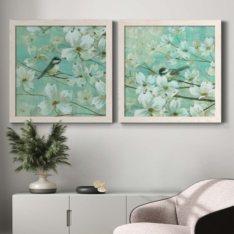 Mésanges et cornouiller - détail I - ensemble de 2 peintures sur toile encadrées, H 27,5 po x l 55 po x P 1,5 po, Cadre blanc