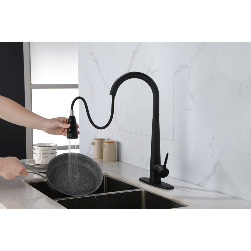 Matte Black Kitchen Faucet With Pull Out , Stainless Steel, Single Handle, Modern Design, Easy Installation Process Fingerprint Faucet, Down Hole Deck Mount, Simple To Install And Operate