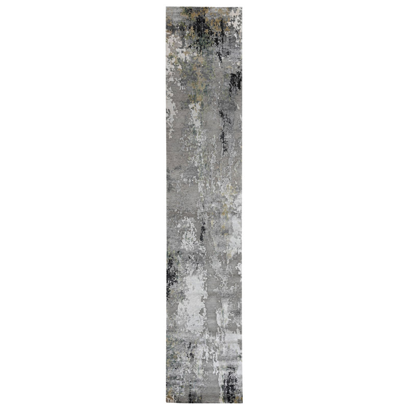 Hand Knotted Area Rug in Black/Gold/Gray/Green, Runner 2'6" x 12'