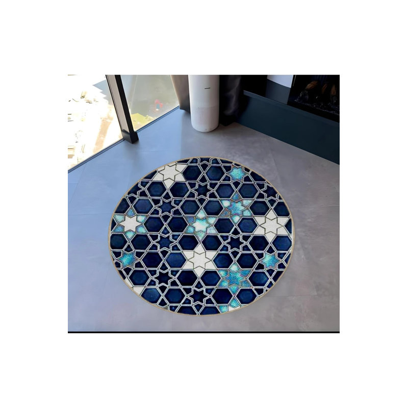 Modern Decorative Carpet With Star Details In Blue Tones, Round 3'4"