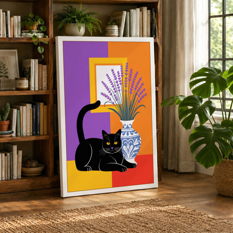Cat Among Colours Mid-Century 1 Piece Wrapped Canvas Wall Art, 24x16 - 61.0 x 40.6 cm, Sage Border