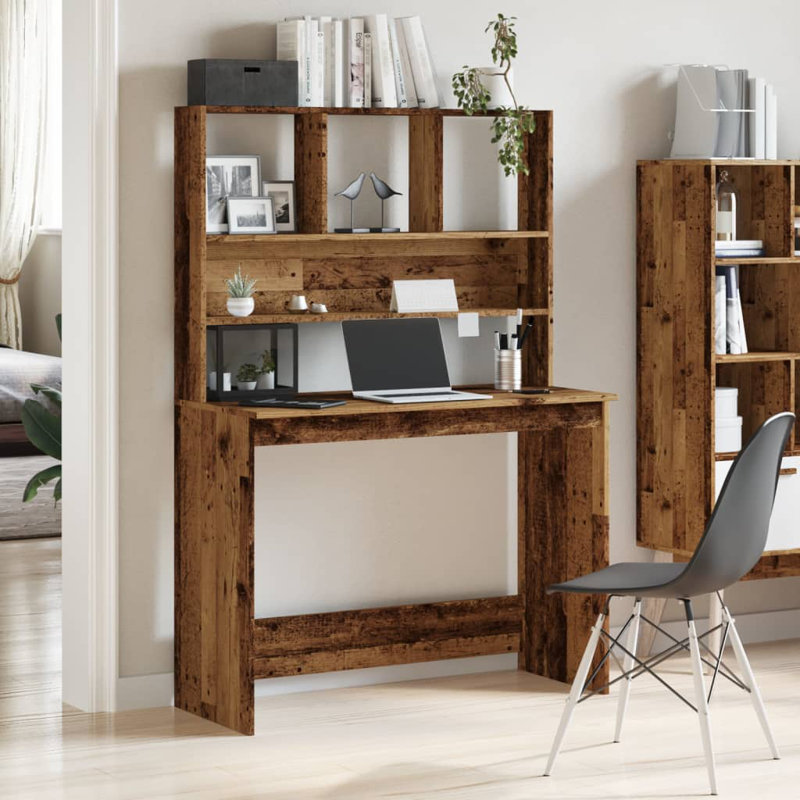  Bureau rectangulaire moyen en bois d'ingénierie chêne artisanal, Brun fumé