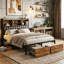 Industrial Metal Storage Bed With Bookcase Headboard & Charging Station (USB/Type-C), 140X200cm European Double / 160X200cm King, Rustic Brown & Black PU Frame With LED & 2 Drawers-386905196