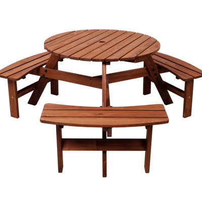 Table de pique-nique ronde en bois pour 6, 3 bancs, trou de parasol, plateau de table de 35 pouces, bords arrondis lisses, 39,83 lb, brun, table fissurée et stable, personne, encastrée