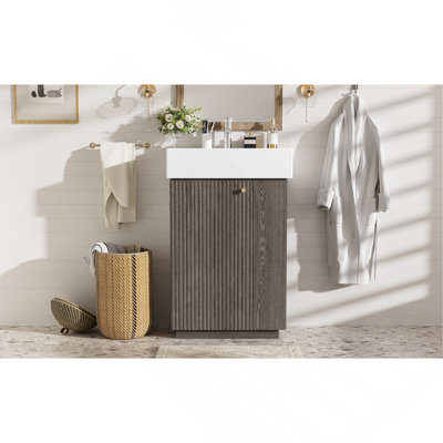 21.6" bathroom vanity with ceramic sink, freestanding modern left door wood grain Cabinet with open and closed storage