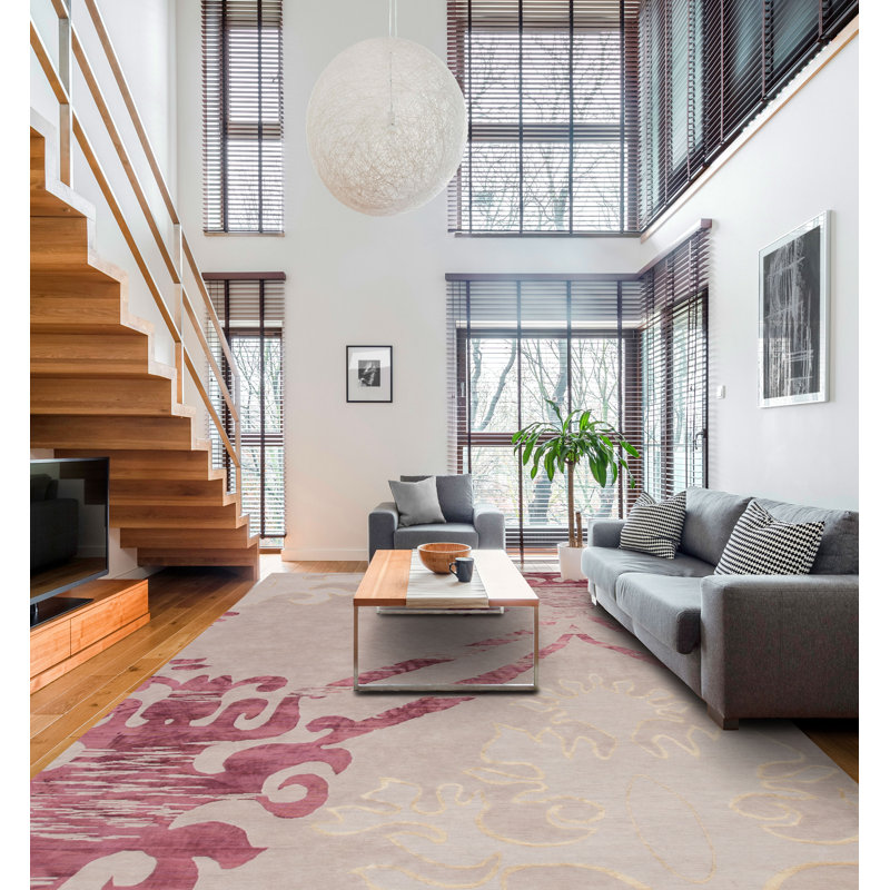 Modern Tibet III Hand Knotted Damask Area Rug in Raspberry, Rectangle 6' x 9'