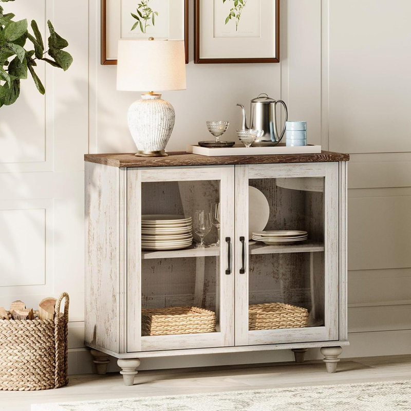 Armoires de rangement Farmhouse Kitchen - Buffet buffet avec portes en verre et tablette réglable, blanc rustique