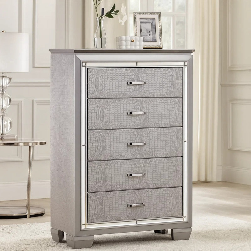 Galle Solid Wood 38'' W 5 - Drawer Dresser, Silver