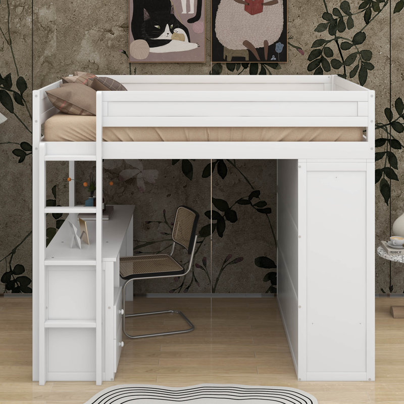 Lit mezzanine double avec placards et bureau, Blanc
