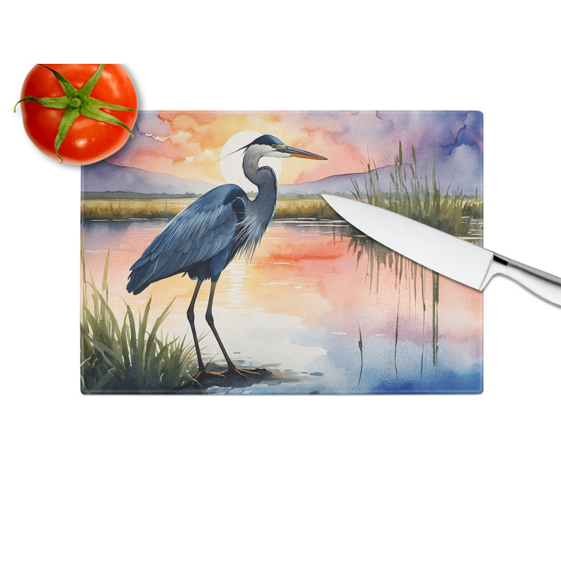 Blue Heron Setting Sun Glass Cutting Board