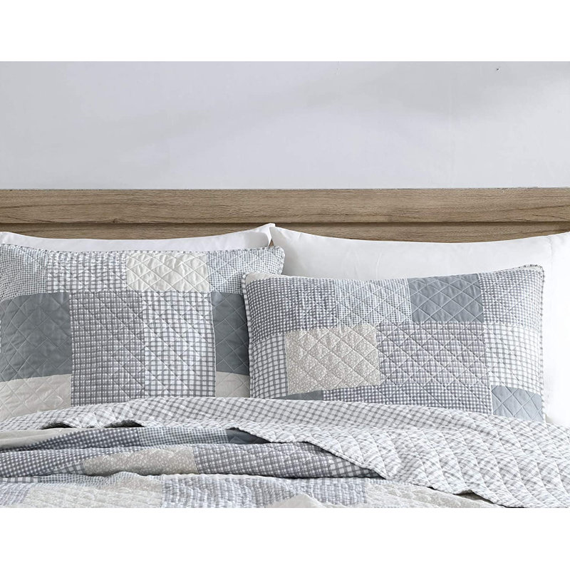 Pre-Washed Lightweight Plaid Printed Patchwork Quilt Set , Queen Quilt + 2 Standard Shams