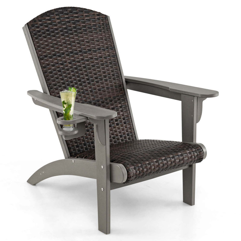 Patio Adirondack Chair With Rattan Padded Seat Wide Armrests & Hidden Cupholder Black, Brown/Gray