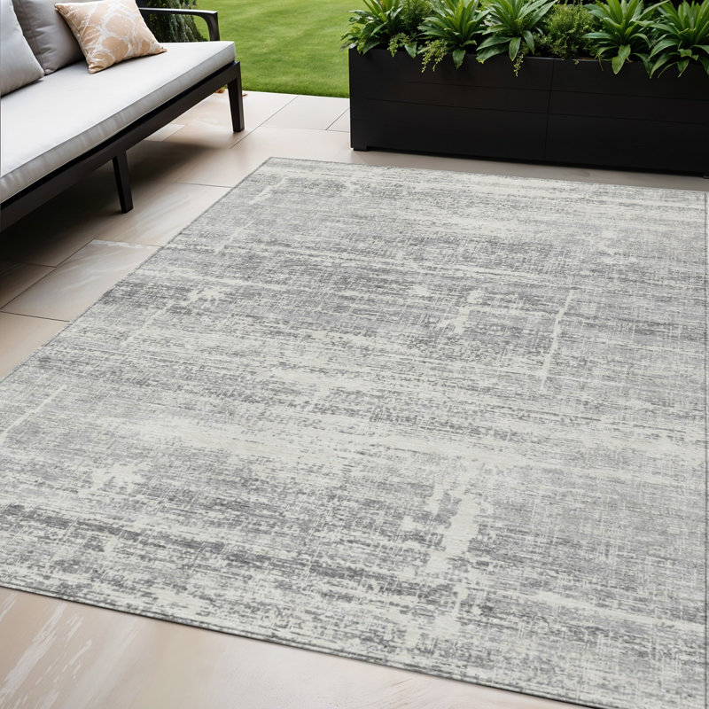 Tapis extérieur lavable abstrait gris argenté et gris anthracite 5 pi x 8 pi