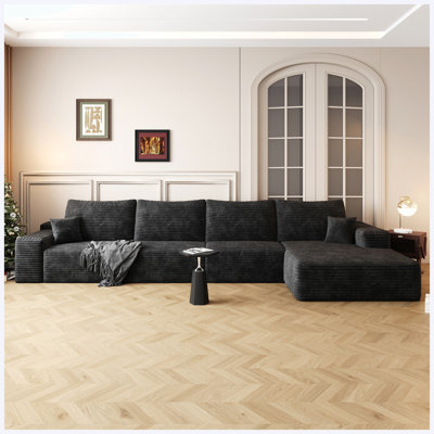 135" Black Plush Corduroy Cloud Sectional Couch with L-Shape Chaise, Modern Modular Sofa, No Assembly Required