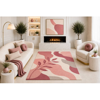 Tapis abstrait botanique à motif abstrait 5 pi x 7 pi rose à motif de vagues moderne pour le salon, la salle à manger et le tapis en silicone antidérapant