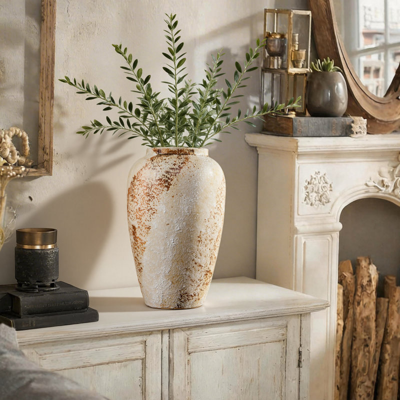 Handmade Ceramic Wide Textured Table Vase, Rustic Style Decorative Vase for Home, Office, Bedroom & Living Room Decor