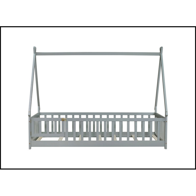 Twin Tent-Shaped Floor Bed,Teepee Bed With Guardrails,Slats And Door,Grey, Gray