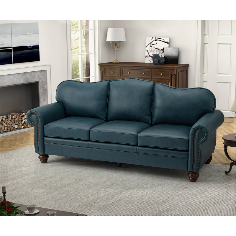 Damore 81'' Wide Genuine Leather Sofa, Turquoise