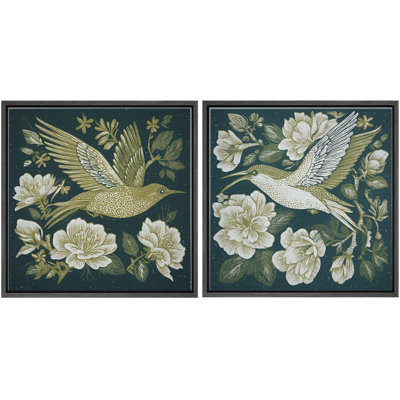Vintage Botanical Hummingbird and Floral Garden Pattern Decorative Nature Art Framed Canvas Master Bedroom Wall Art Work 2 Pieces Print