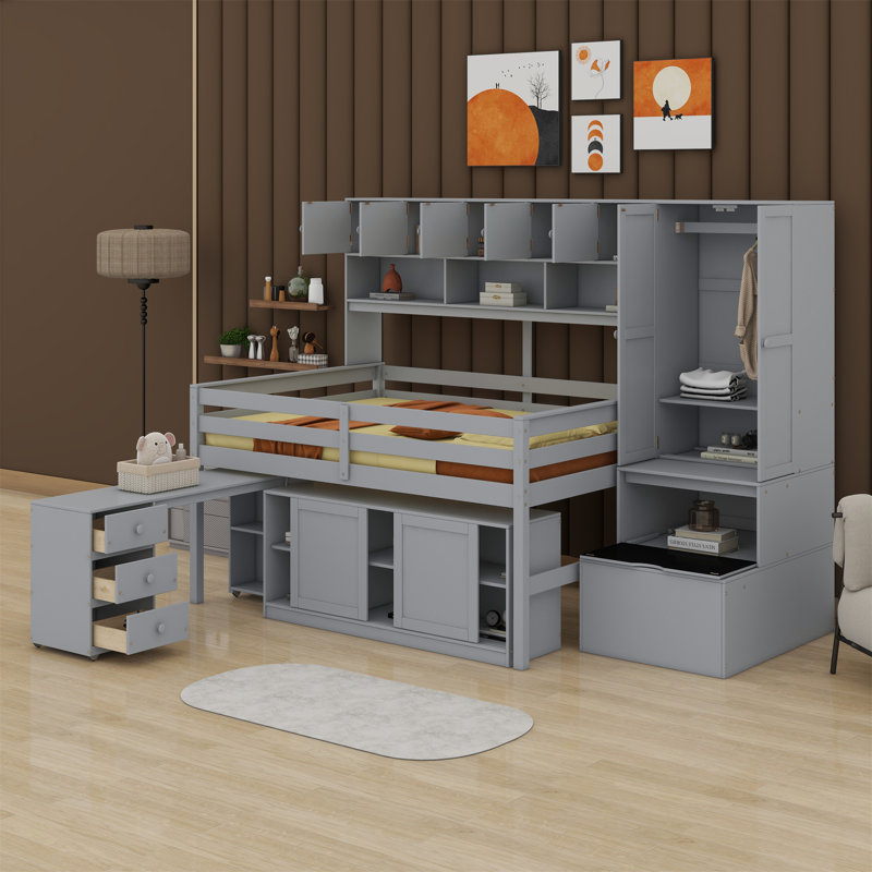 Jazhari Multifunctional Loft Bed with Stair, Desk, Cabinet and Wardrobe, Full, Gray