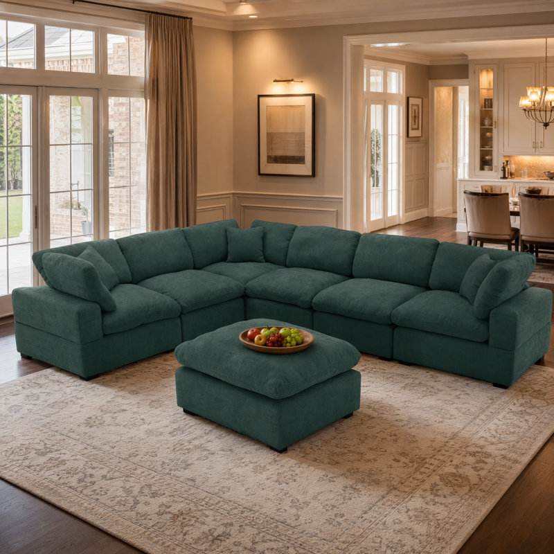 Vivianna Latitude Run® Vivianna 7-Piece Chenille Reversible Corner Sectional with Ottoman , Beige