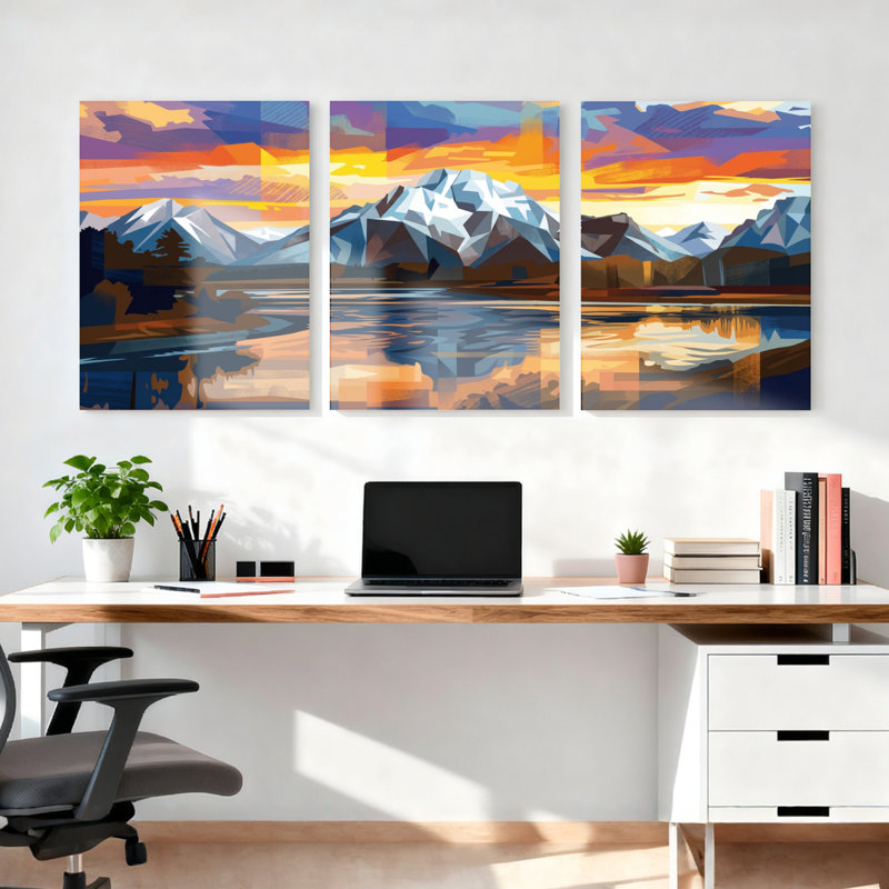 Ensemble de 3 tableaux sur toile représentant un coucher de soleil sur un paysage de montagne, H 30 po x l 60 po