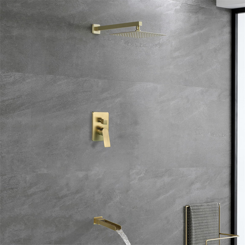 Système de douche mural 10 pouces avec robinet de baignoire cascade, robinet de douche à poignée simple, ensemble de garniture de douche à haute pression en laiton avec valve brute