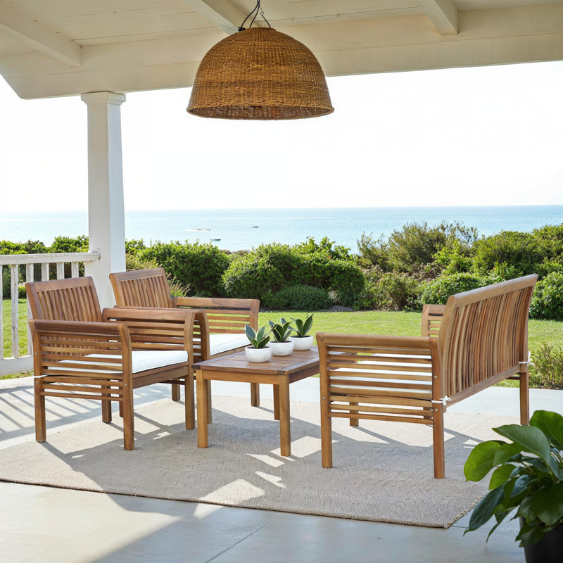 Mokane Acacia 4 - Person Patio Conversation Set with Cushions, Natural Frame/Beige Cushion