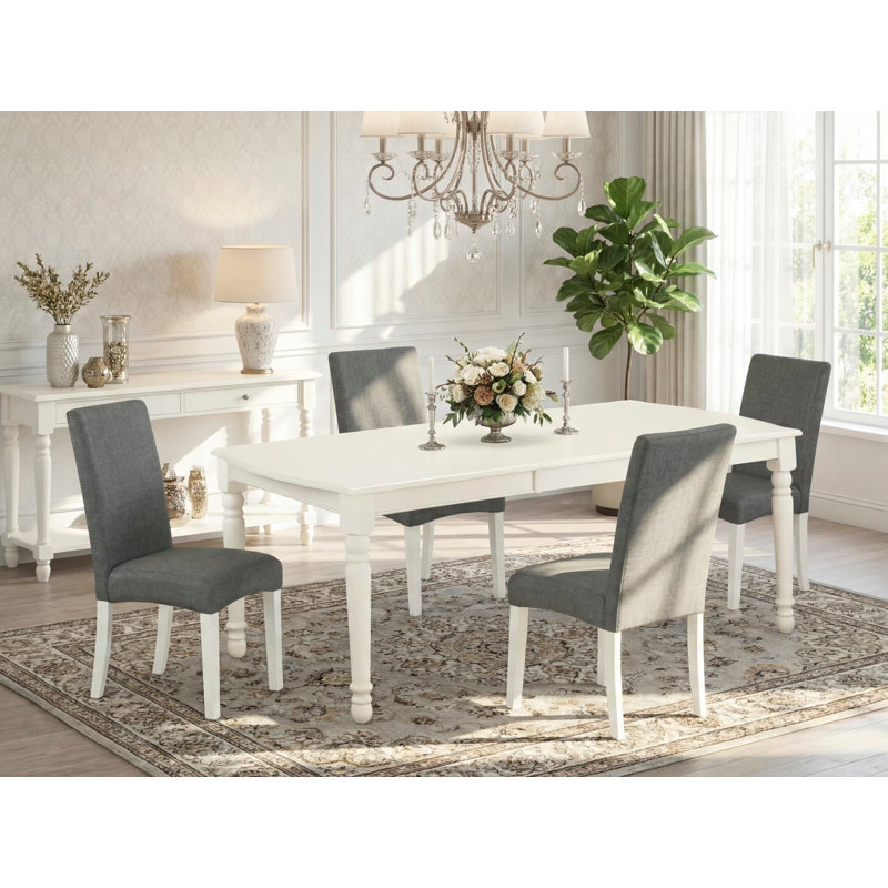 Cet ensemble de salle à manger 5 pièces comprend une table de salle à manger rectangulaire avec feuille papillon et 4 chaises Parson rembourrées en lin gris, blanc lin